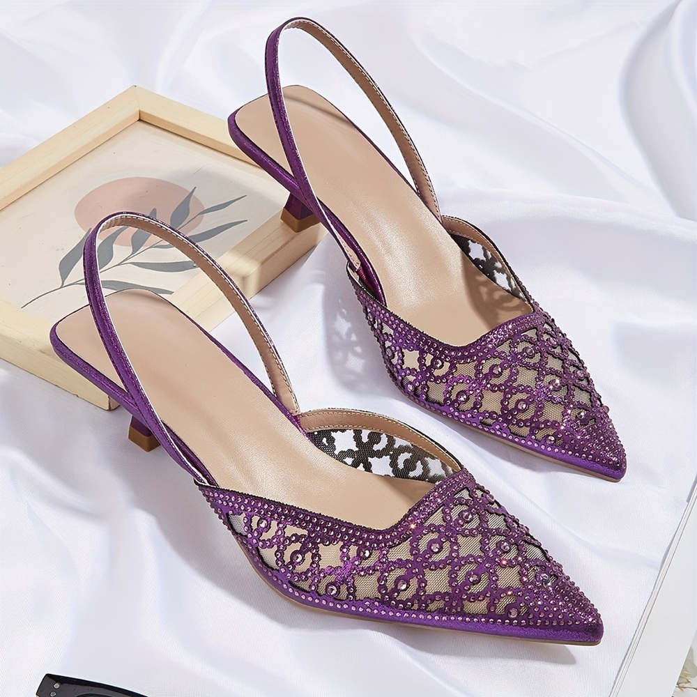 NIB Purple Rhinestone Decorated Kitten Heel Slingback Sandal, Size 39 (US 8-8.5)